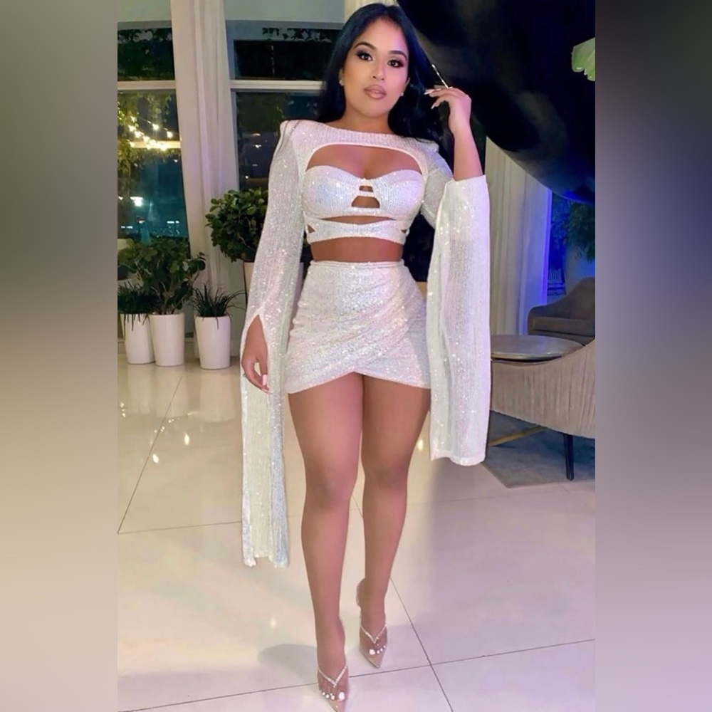 Fashion Nova White Sequin Skirt Set